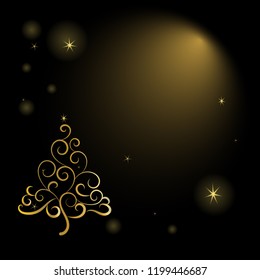 Golden Line Art Christmas Tree with Star Light on Black Background. Flat Vector Illustration. Christmas ( Xmas ) Concept.