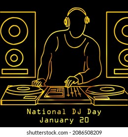 Golden line art a dj playing a disc jockey set with a big sound behind it, National DJ day january 20