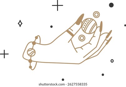 Golden line art drawing of a hand with long black nails and planet bracelet holding a planet with celestial elements and black dots on a white background