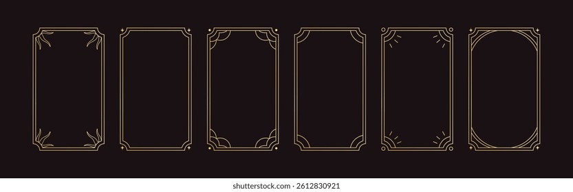 Golden line art frames set. Linear rectangle vertical borders. Decorative contour for card backgrounds. Gold framework decoration, lineart premium style ornament, decor. Flat vector illustration