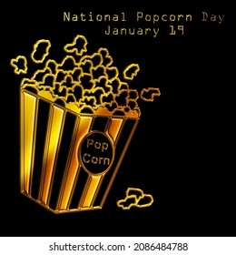 Golden line art fully loaded popcorn in the bucket, national popcorn day january 19