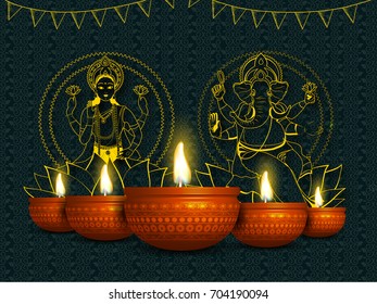 Golden line art illustration of Hindu Lord Ganesha with Goddess Lakshmi and realistic oil lamps for Diwali Festival celebration.