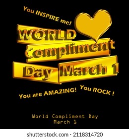 Golden line art love shape, bars and texts isolated on black background, World Compliment Day March 1