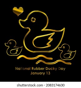 golden line art of a mother duck and 2 swimming ducklings and a heart, national rubber ducky day january 13