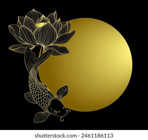golden line art in oriental style of Koi fish with lotus and golden sun, isolate on black background, 