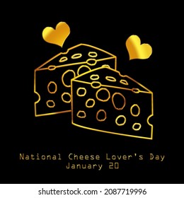 Líneas doradas de arte piezas de queso y corazones, Día del amante del queso 20 de enero