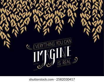  golden line art seamless pattern botanical vertical hanging tree branches, plants with different leaves as floral background.On black 