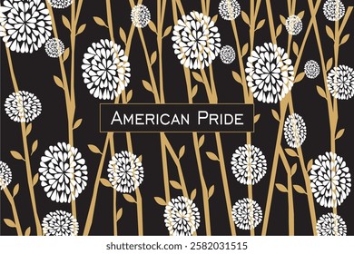 golden line art seamless pattern botanical  tree branches, plants with different leaves as floral background.On black 