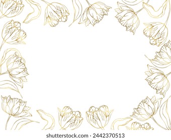 Golden line art tulips spring flower horizontal banner wreath.Vector hand drawn illustration for card or invitations, wedding design, coloring book