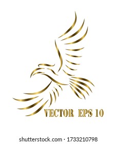 Golden line art vector logo of hornbill that is flying.