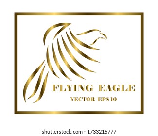 Golden line art vector logo of eagle that is flying. It surround by a square frame.