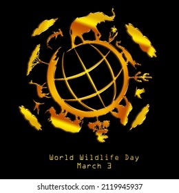 golden line art of wild animals and wild trees surrounding the globe, World Wildlife Day March 3