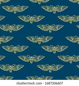 Golden line bee, butterfly  pattern on blue background. Silhouette vintage sketch style vector illustration. 1920-s art deco concept for template, fabric, textile, wrapping paper. 