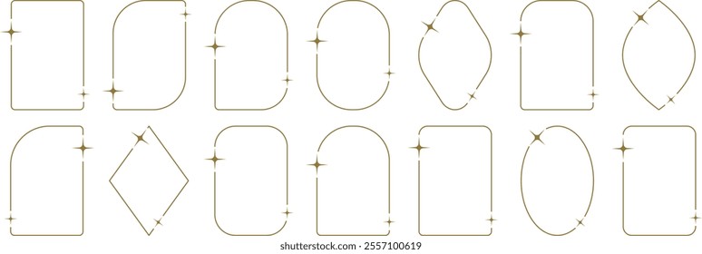 Golden line border frame collection. Linear decoration frame arches and border elements in minimal golden line. Line golden frame. Collection of vertical blank templates