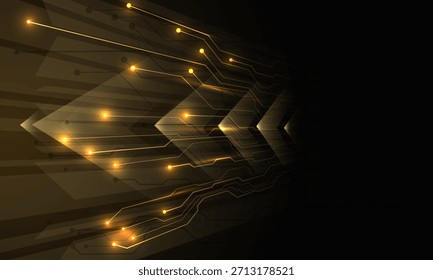 Red futurista de la conexión de datos de la velocidad de la flecha de la tecnología informática del circuito de la línea dorada en Vector creativo del diseño del fondo negro