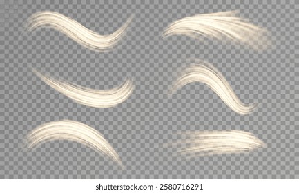 Golden line curved light effect. Following the main yellow light line on transparent background.