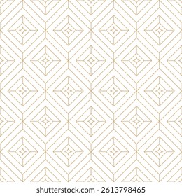 Golden line diamond grid with stars on white background. Linear diamond tile seamless pattern. Luxury fine line Christmas background. Geometric linear lattice pattern.