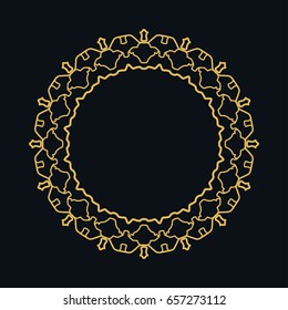 Golden line frame, geometric round ornament. Vector linear circular motif, isolated design element, art border with place for the text. Gold and black abstract background