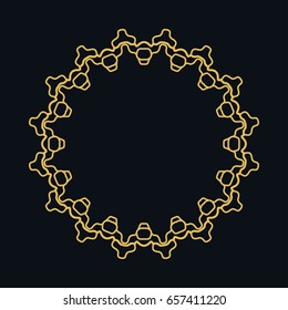 Golden line frame, geometric round ornament. Vector linear circular motif, isolated design element, art border with place for the text. Gold and black abstract background