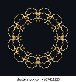 Golden line frame, geometric round ornament. Vector linear circular motif, isolated design element, art border with place for the text. Gold and black abstract background