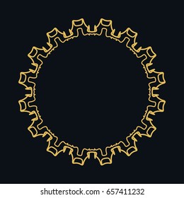 Golden line frame, geometric round ornament. Vector linear circular motif, isolated design element, art border with place for the text. Gold and black abstract background