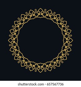 Golden line frame, geometric round ornament. Vector linear circular motif, isolated design element, art border with place for the text. Gold and black abstract background