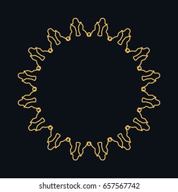 Golden line frame, geometric round ornament. Vector linear circular motif, isolated design element, art border with place for the text. Gold and black abstract background