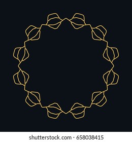 Golden line frame, geometric round ornament. Vector linear circular motif, isolated design element, art border with place for the text. Gold and black abstract background