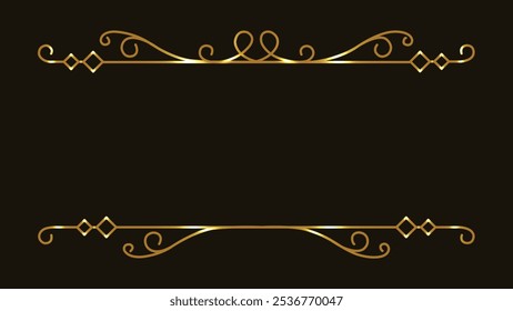 Golden line frame. Rectangular border. Gold title background. Black abstract text banner. Line art. Wedding model frame. Copy space. Luxury and sophistication. Glitter and shiny square. Thin line.
