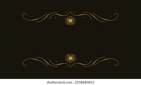 Golden line frame. Rectangular border. Gold title background. Black abstract text banner. Line art. Wedding model frame. Copy space. Luxury and sophistication. Glitter and shiny square. Floral line.
