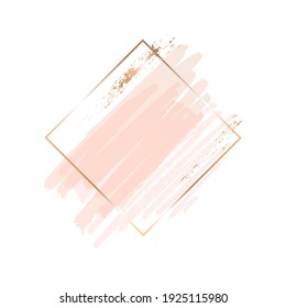 Golden line geometric frame with peach, nude and golden brush strokes on a white background. Icon. Vector design template for card, cover, poster, logo. 