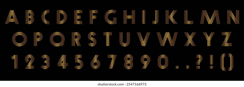 Golden line gradient color custom style lettering font alphabet and numbers set. Vector stock illustration can be used in logo or any purpose. Colors can be easily editable and saved in EPS 10.