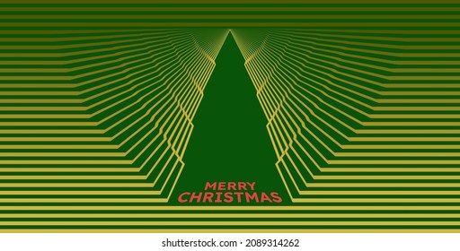 Golden line illusion. Red letters merry christmas. Abstract background with a green christmas tree. Designs for card, cover, poster, fabric pattern, textile, wall. Vector illustration.