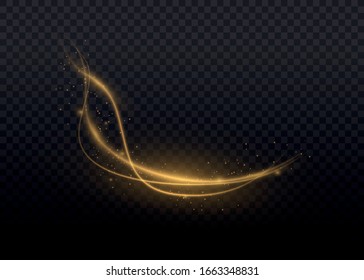 Golden line with light effect. Dust of yellow sparks and stars shine with a special light. Dynamic golden waves with small parts. Yellow dust. Bokeh effect. Vector illustration, EPS 10.