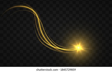 Golden line with light effect. Dynamic golden waves with small parts on transparent background. Bokeh effect. Yellow dust. Dust of yellow sparks and stars shine with special light. Vector illustration