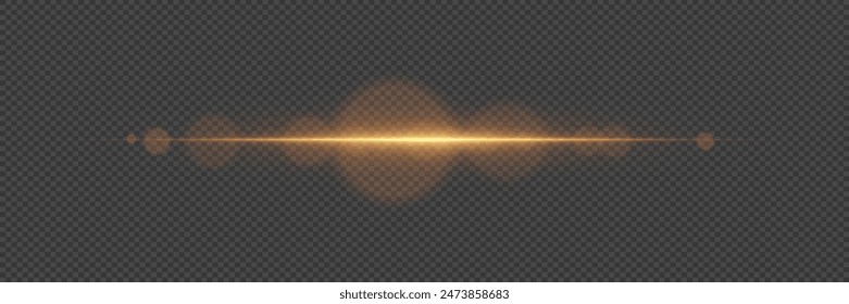 Golden line of light. Glowing glare, horizontal beam. On a transparent background.