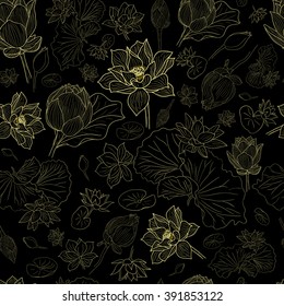 Golden line lotus flowers pattern background on black