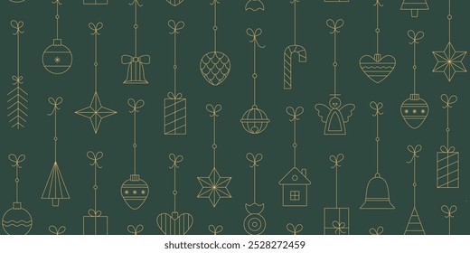 Golden line Merry Christmas, New Year seamless vector pattern. Holiday background with bauble, ball, snowflake, box, gift for wrapping paper, gifr box.