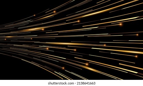 Golden Line Moving Way Forward On Path. Glowing Particles Lighting Coming Together. Luxury Premium  Award Background. Recognition Night. Futuristic Data Transfer Metaverse Orbit