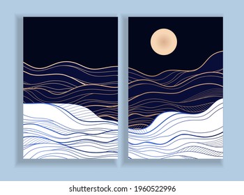 Golden line on blue abstract elegant texture. Vip luxury vector background of clouds and full moon sky.