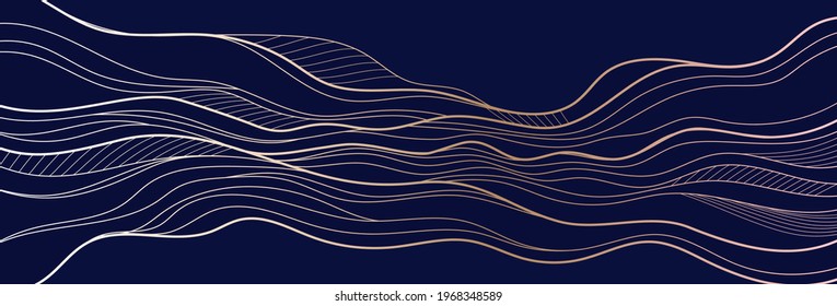 Golden line on blue abstract elegant texture. Vip luxury vector background of clouds.