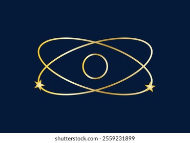 Golden line orbit with stars on dark blue background