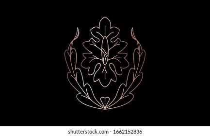 Golden line ornament in art deco style. 
Floral emblem on black background. Vector illustration. Isolated