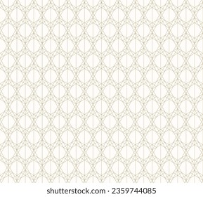 Golden line pattern. Vector geometric seamless texture with delicate grid, thin lines, diamonds, triangles. Subtle abstract white and gold graphic background. Art deco style ornament. Repeat design