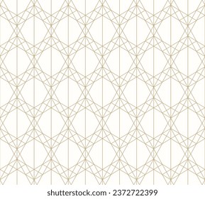 Patrón de línea dorada. Textura vectorial sin costura geométrica con una rejilla delicada, líneas delgadas, diamantes, triángulos. Resumen de fondo gráfico blanco y dorado. La decoración es de estilo Art Déco. Diseño sutil y repetido