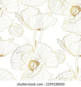 Golden line poppy floral summer seamless pattern. Hand drawn line texture blossom petals. Field poppy flower wrapper print design. 