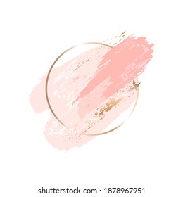Golden line round frame with pink, nude stains and golden brush strokes on a white background. Icon. Vector design template for banner, card, cover, poster, logo. 