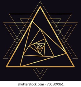 Golden line sketch tattoo rose flower petals mandala, the swirl in the triangle. Logotype, logo, trade mark, 3d pyramid. Vector image, geometric symbol of the fire triangle on a dark background.