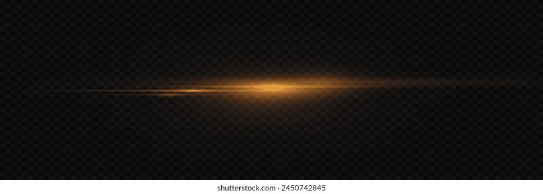 Golden line of speed and light. Horizontal flare, glowing effect. On a transparent background.	