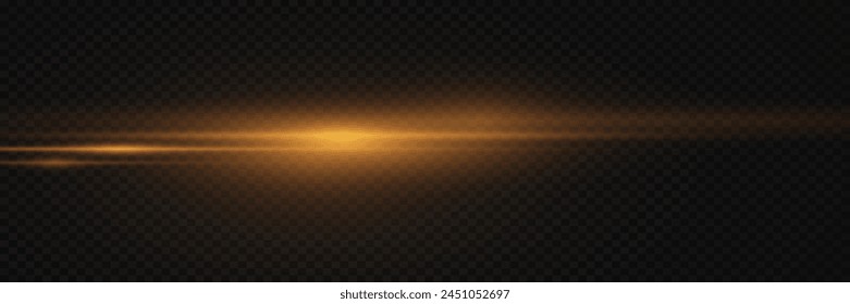 Golden line of speed and light. Horizontal flare, glowing effect. On a transparent background.